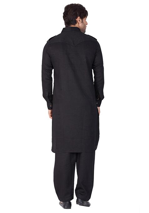 Black Solid Cotton Kurta Pyjama Set For Men