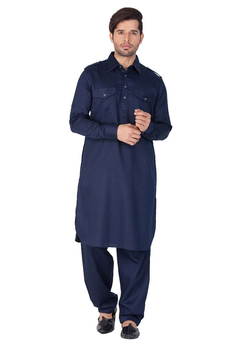 Navy Blue Solid Cotton Kurta Pyjama Set For Men - Indya