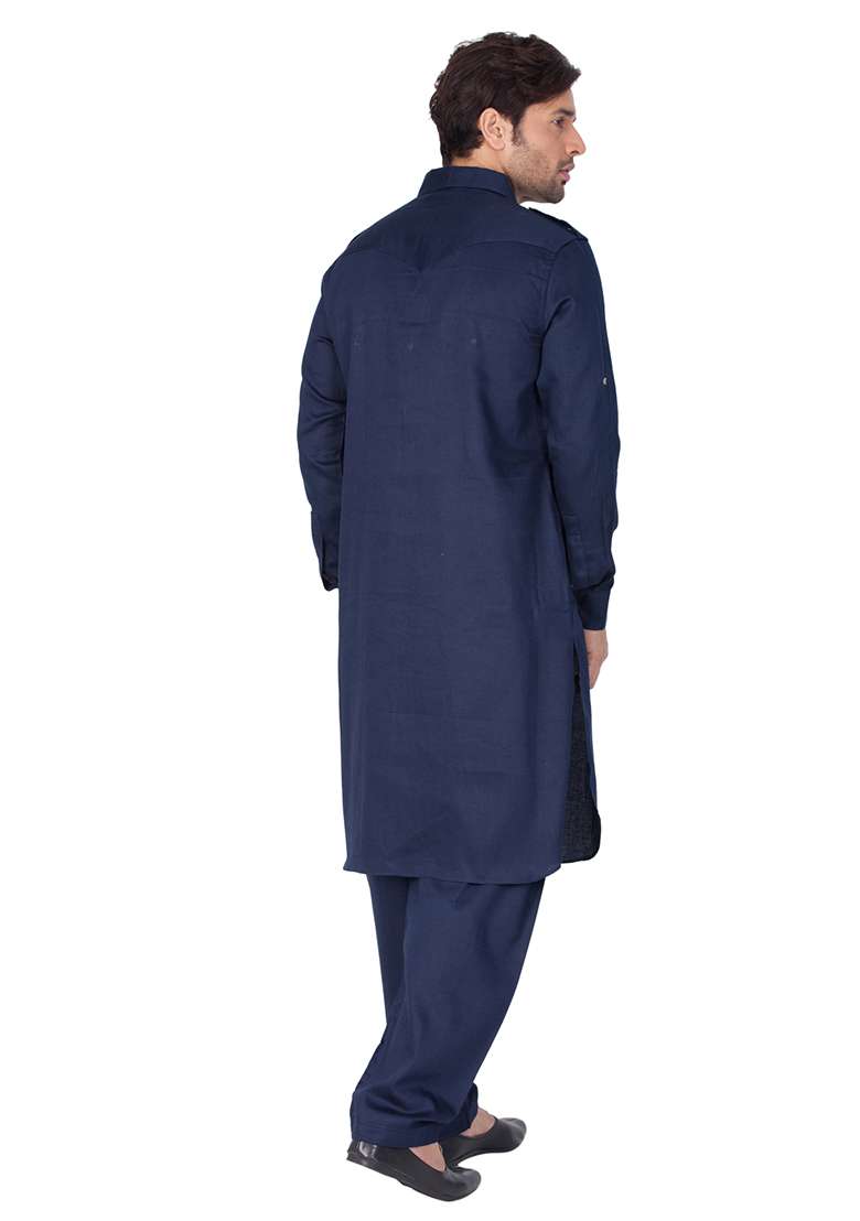 Navy Blue Solid Cotton Kurta Pyjama Set For Men - Indya