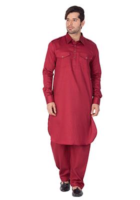 Maroon Solid Cotton Kurta Pyjama Set For Men
