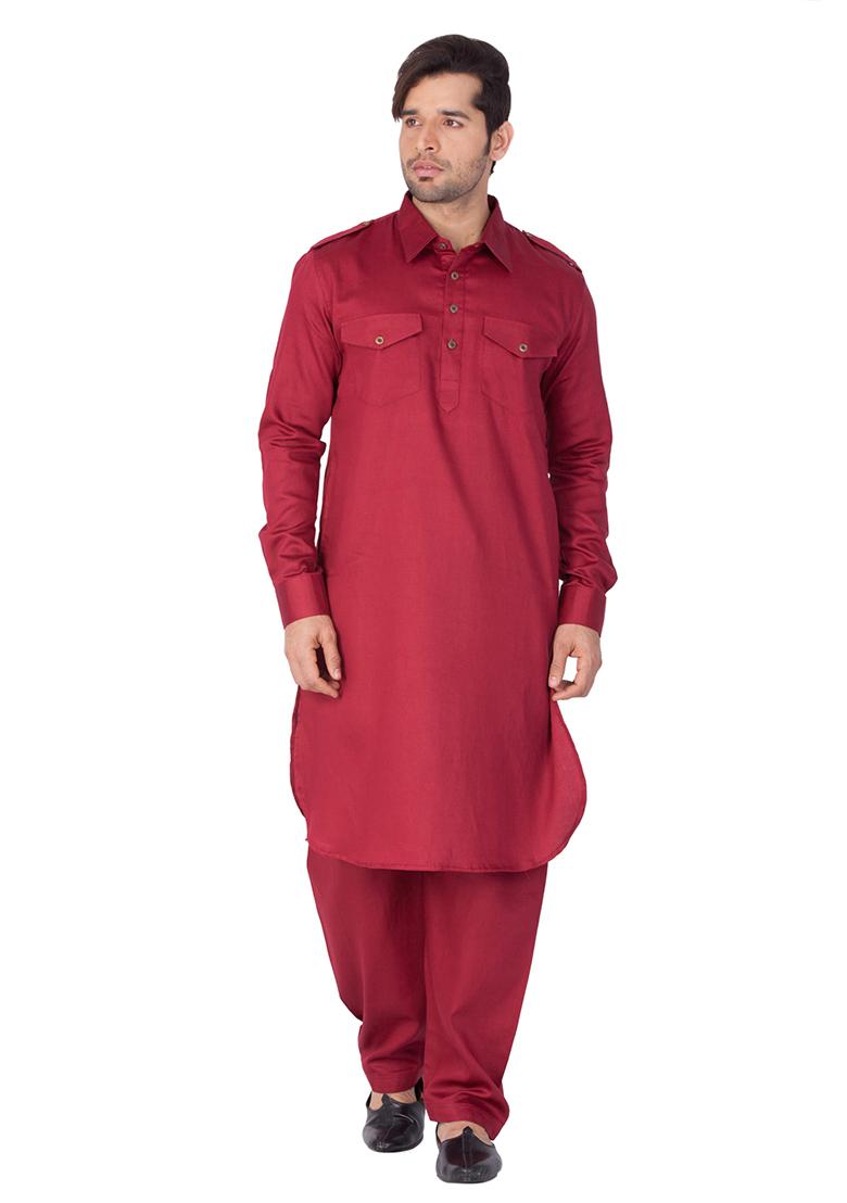 Maroon Solid Cotton Kurta Pyjama Set For Men