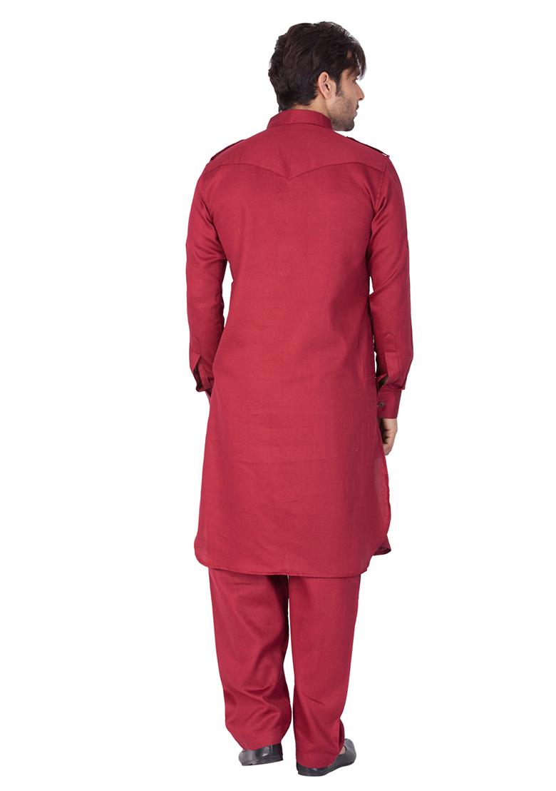Maroon Solid Cotton Kurta Pyjama Set For Men