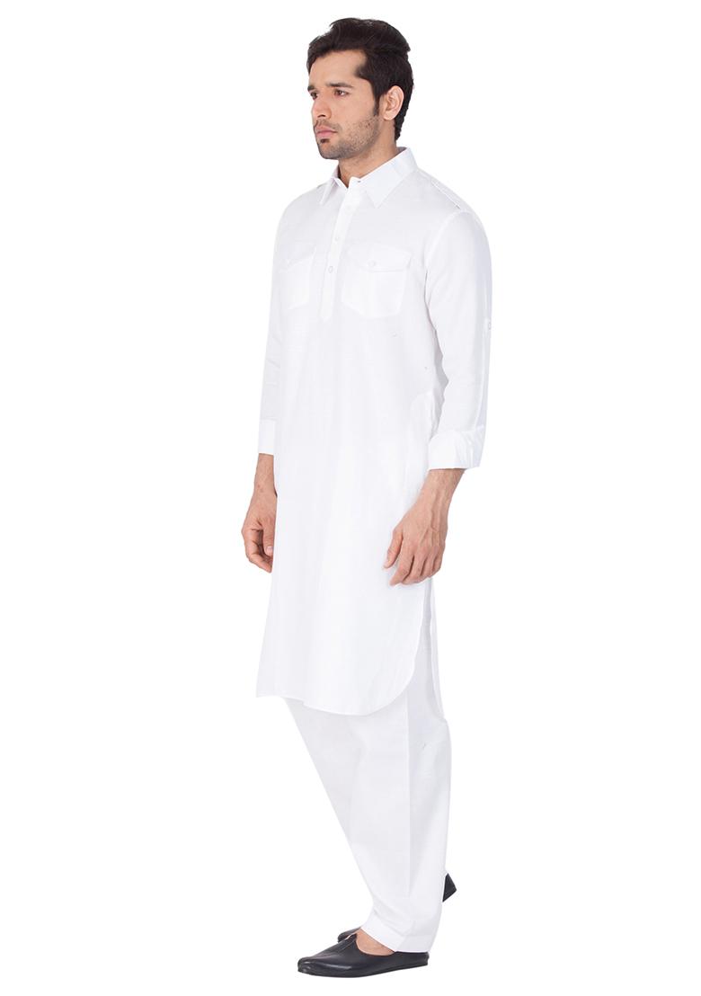 White Solid Cotton Kurta Pyjama Set For Men