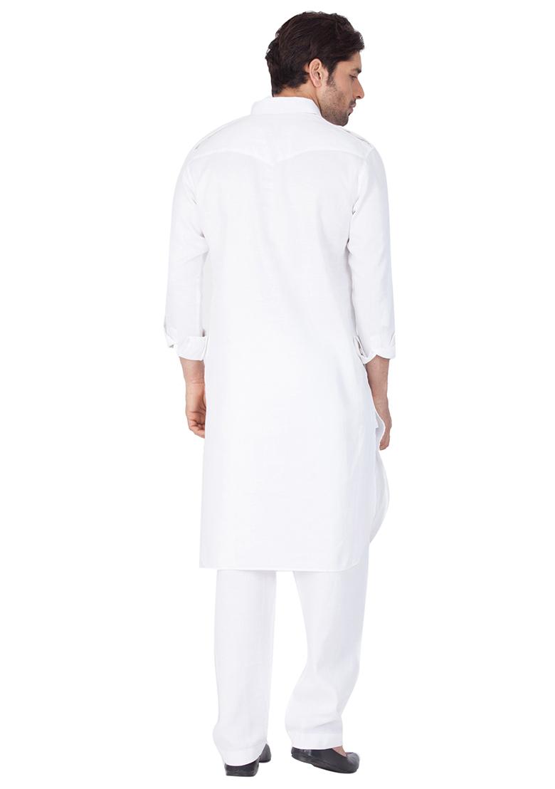 White Solid Cotton Kurta Pyjama Set For Men