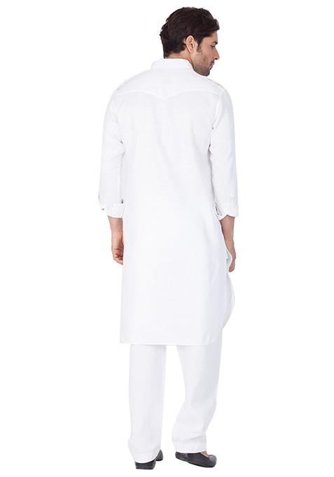 White Solid Cotton Kurta Pyjama Set For Men