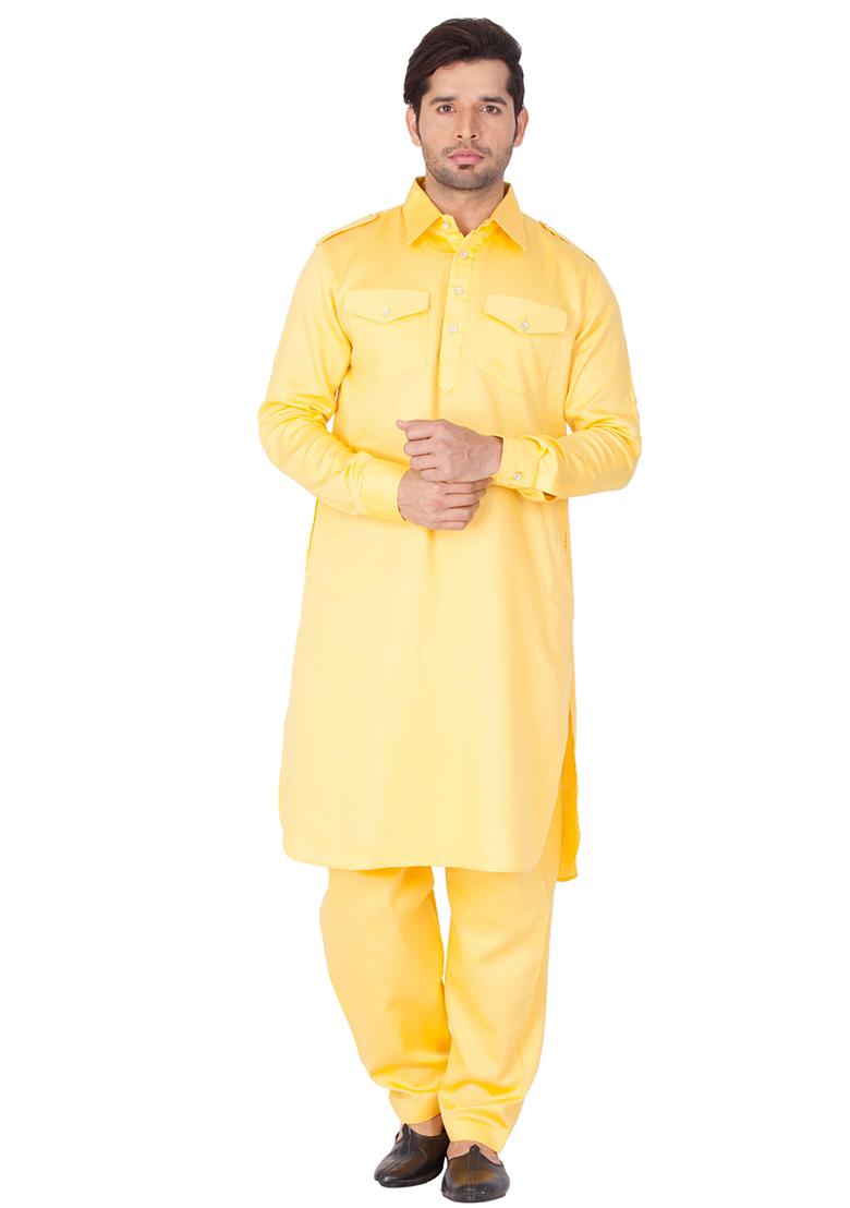 Yellow Solid Cotton Kurta Pyjama Set For Men