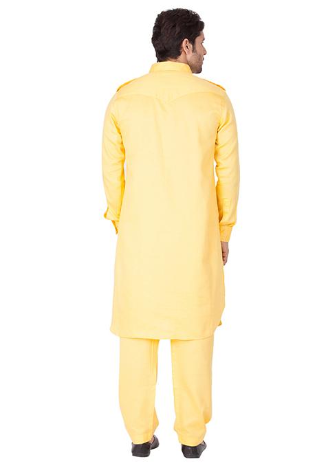 Yellow Solid Cotton Kurta Pyjama Set For Men