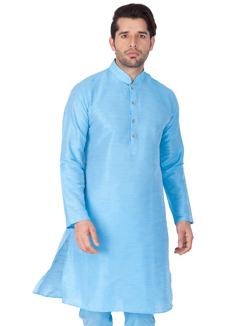 Sky Blue Solid Art Silk Kurta Pyjama Set For Men - Indya