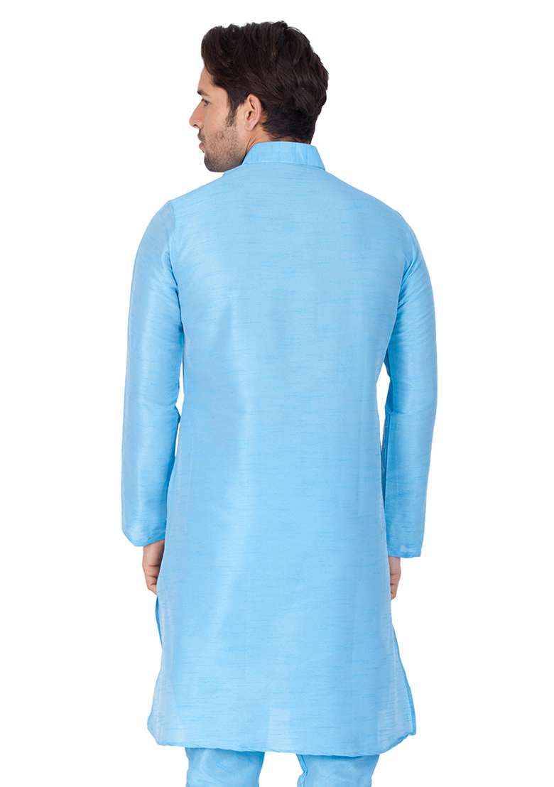 Sky Blue Solid Art Silk Kurta Pyjama Set For Men - Indya