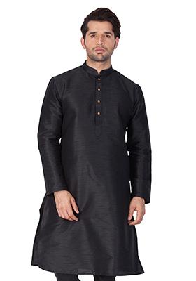 Black Solid Art Silk Kurta Pyjama Set For Men
