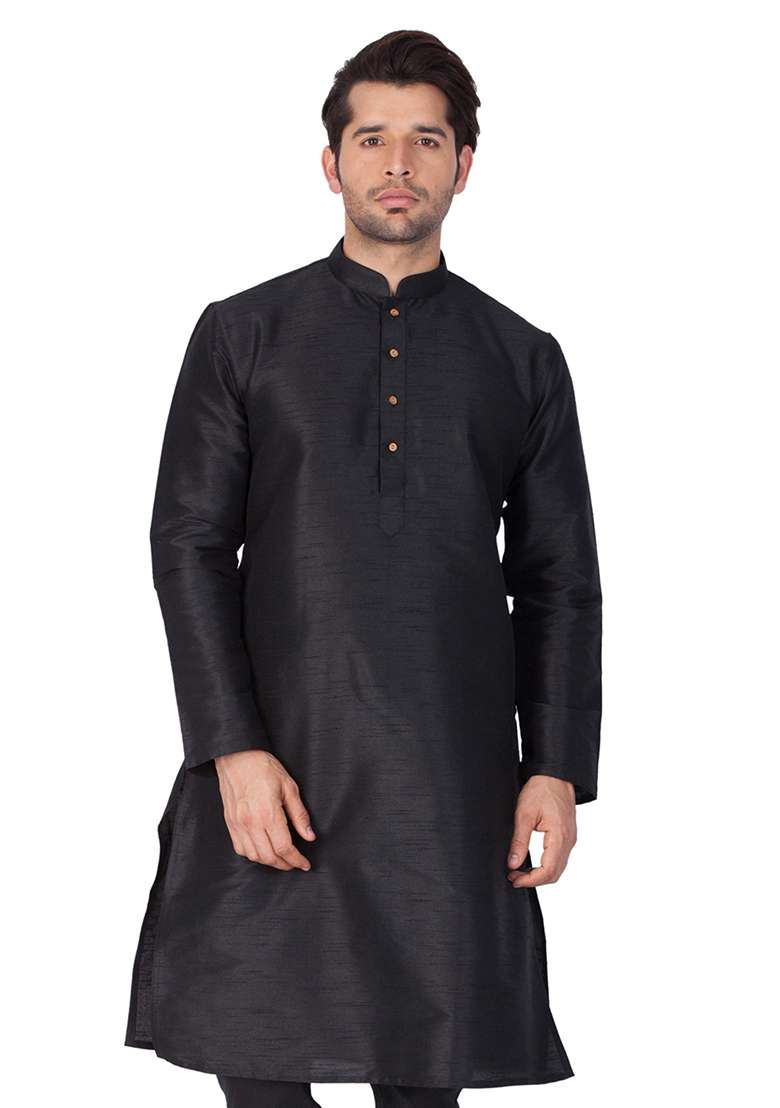 Black Solid Art Silk Kurta Pyjama Set For Men - Indya