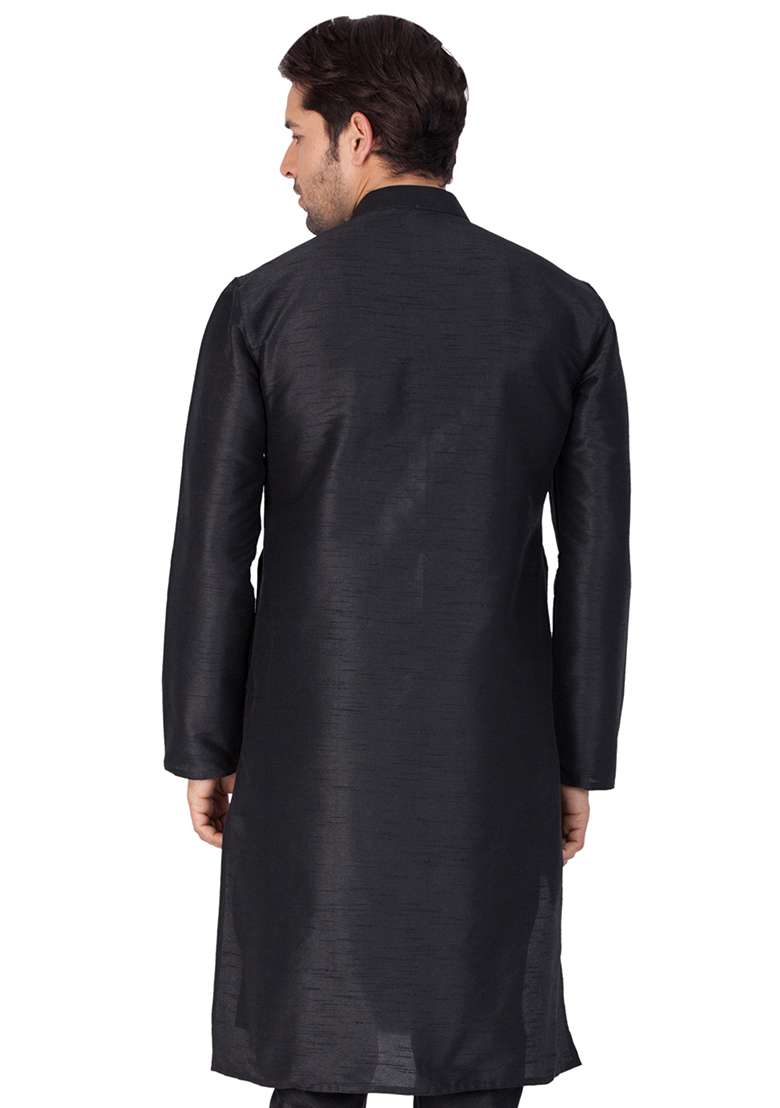 Black Solid Art Silk Kurta Pyjama Set For Men - Indya
