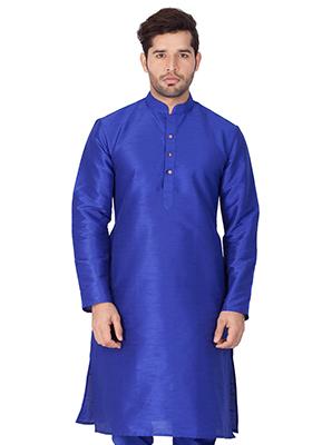 Royal Blue Solid Art Silk Kurta Pyjama Set For Men