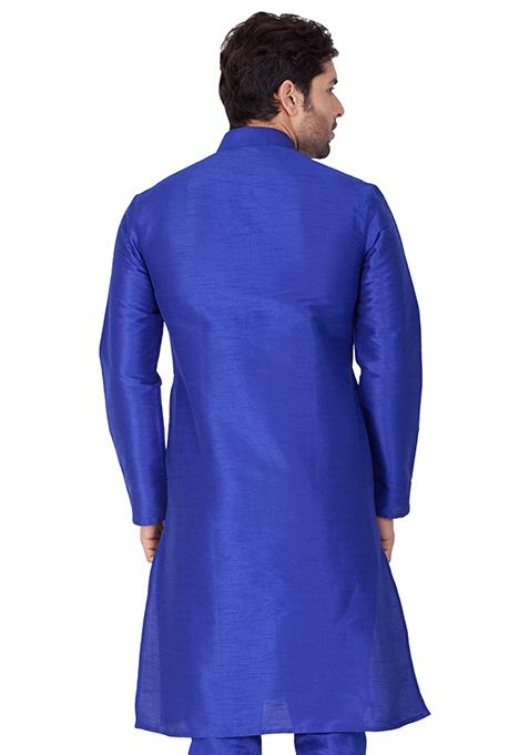 Royal Blue Solid Art Silk Kurta Pyjama Set For Men