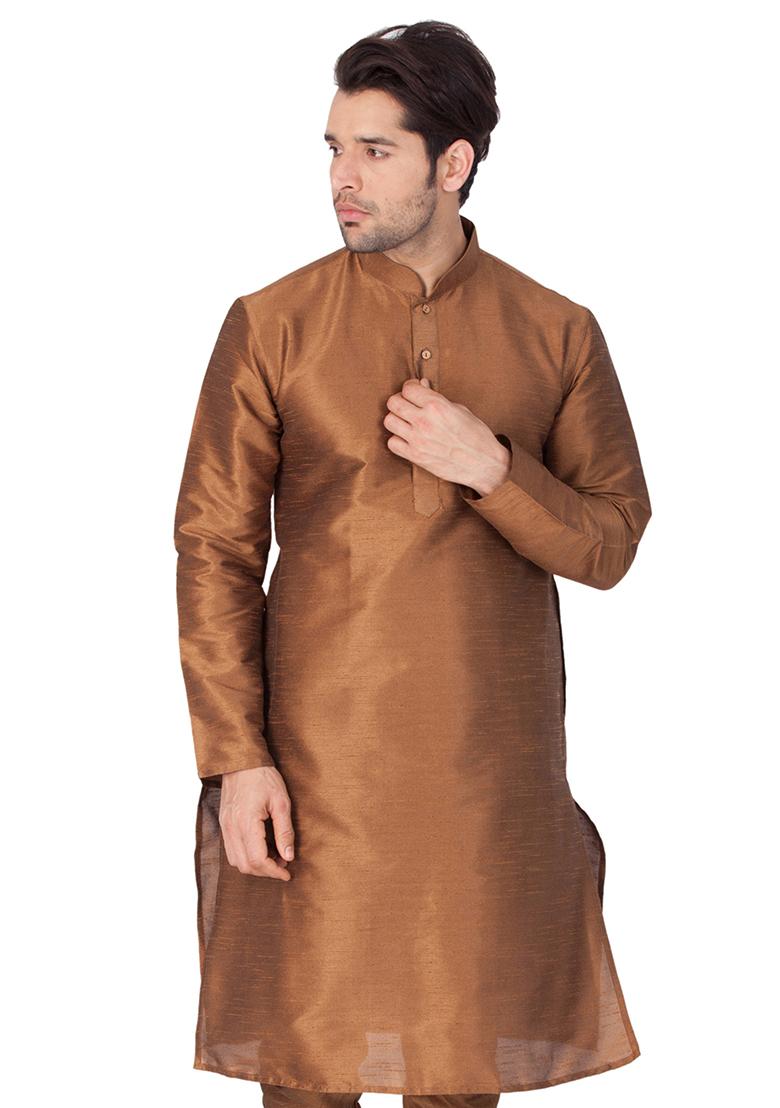 Brown Solid Art Silk Kurta Pyjama Set For Men