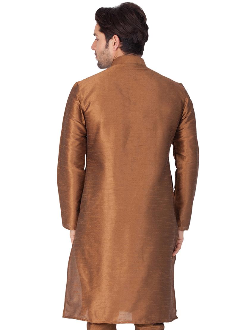 Brown Solid Art Silk Kurta Pyjama Set For Men
