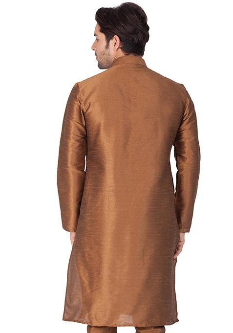 Brown Solid Art Silk Kurta Pyjama Set For Men