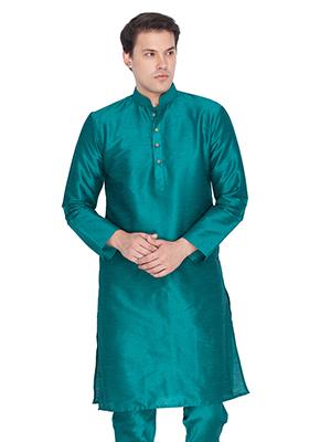 Teal Blue Solid Art Silk Kurta Pyjama Set For Men