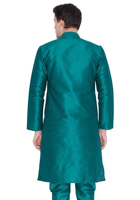 Teal Blue Solid Art Silk Kurta Pyjama Set For Men