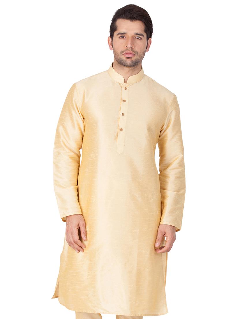 Cream Solid Art Silk Kurta Pyjama Set For Men