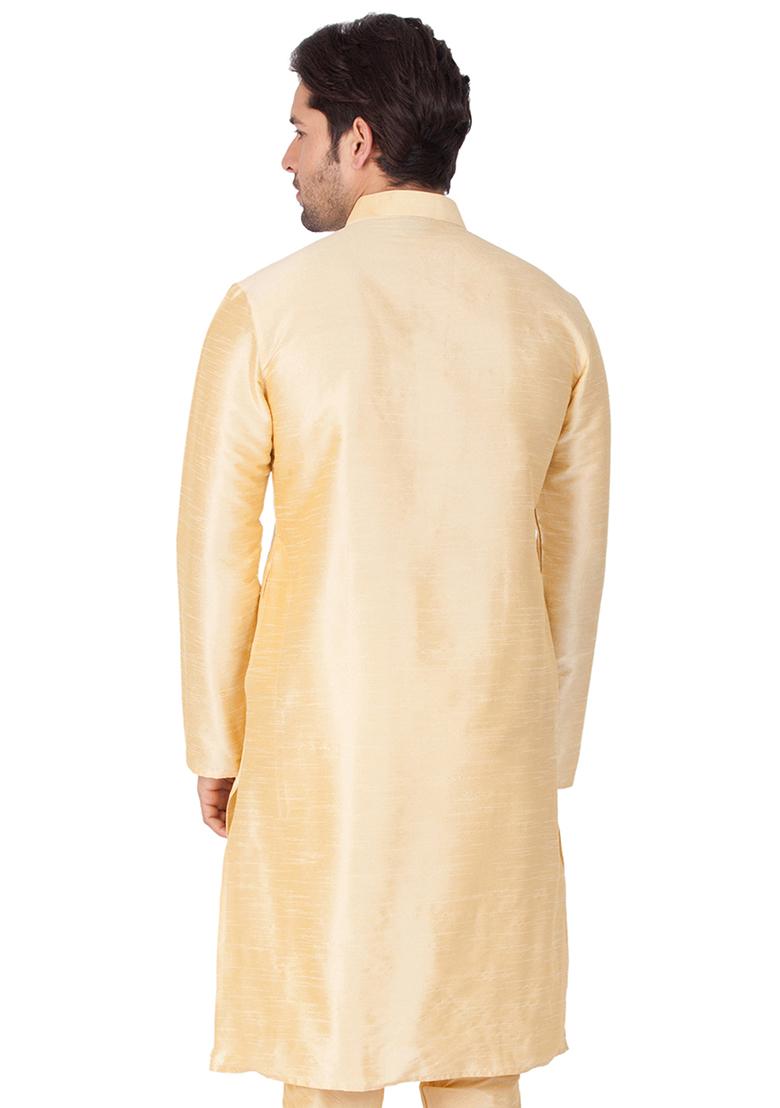 Cream Solid Art Silk Kurta Pyjama Set For Men - Indya