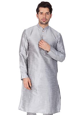 Grey Solid Art Silk Kurta Pyjama Set For Men
