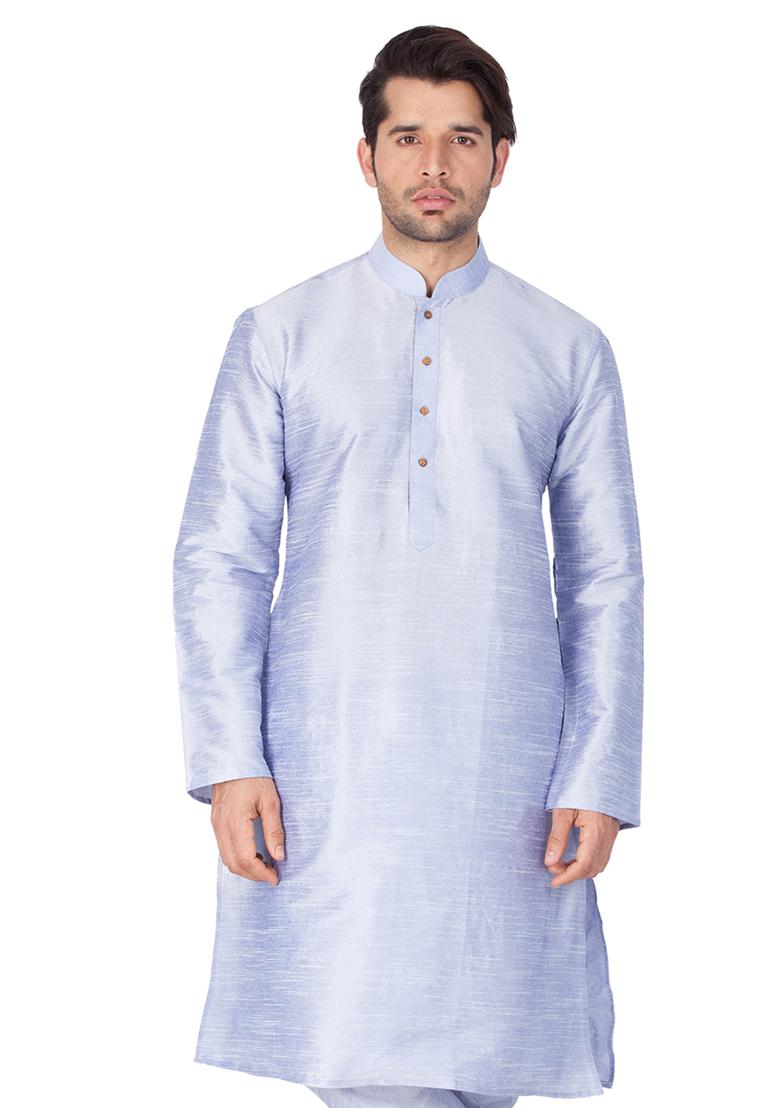Powder Blue Solid Art Silk Kurta Pyjama Set For Men