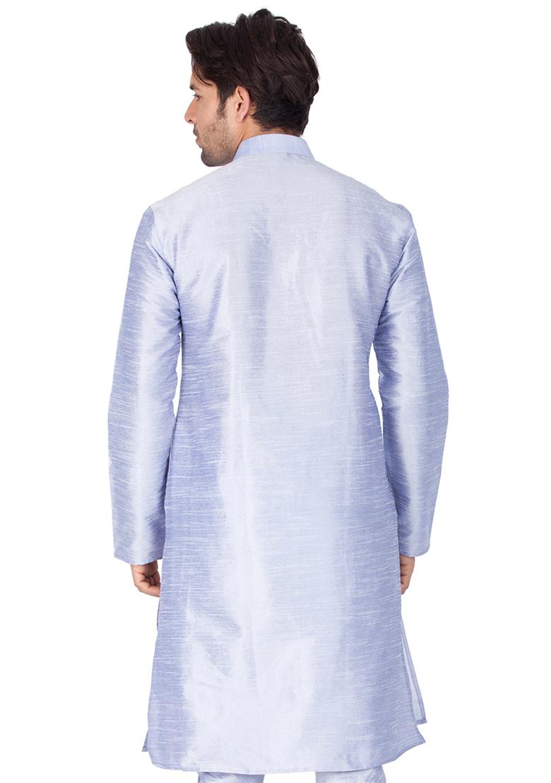 Powder Blue Solid Art Silk Kurta Pyjama Set For Men
