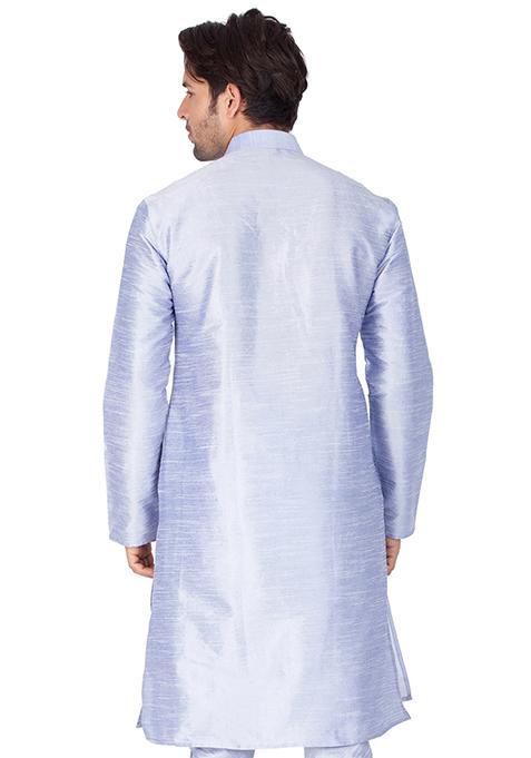 Powder Blue Solid Art Silk Kurta Pyjama Set For Men