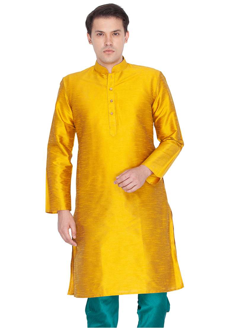 Mustard Yellow Solid Art Silk Kurta Pyjama Set For Men - Indya