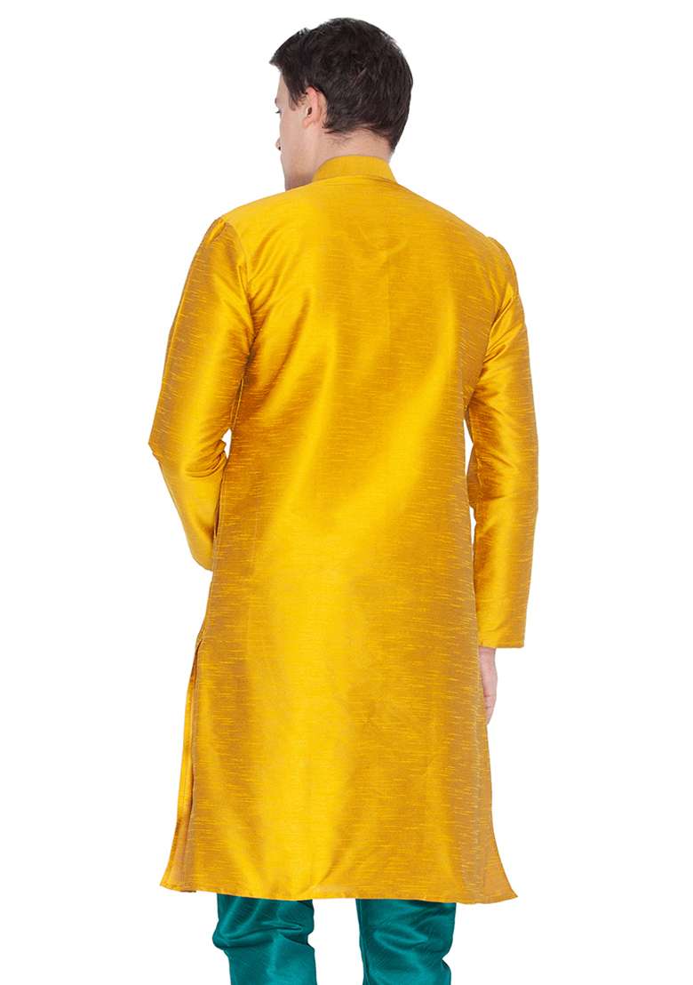 Mustard Yellow Solid Art Silk Kurta Pyjama Set For Men - Indya
