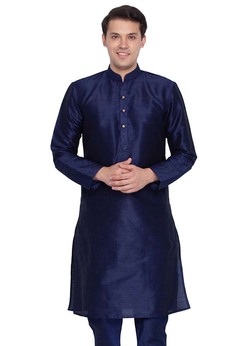 Navy Blue Solid Art Silk Kurta Pyjama Set For Men - Indya