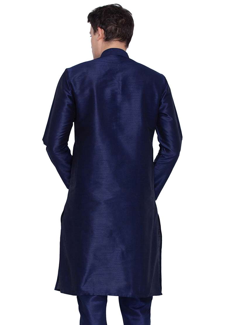 Navy Blue Solid Art Silk Kurta Pyjama Set For Men - Indya