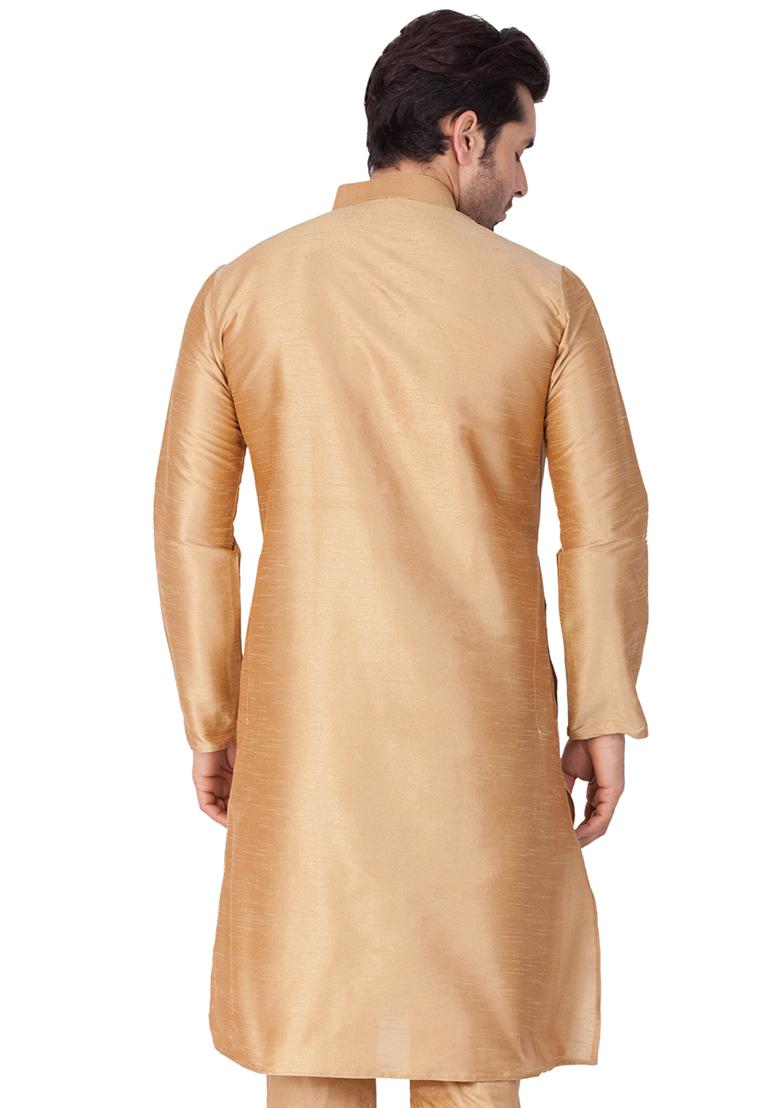 Beige Solid Art Silk Kurta Pyjama Set For Men