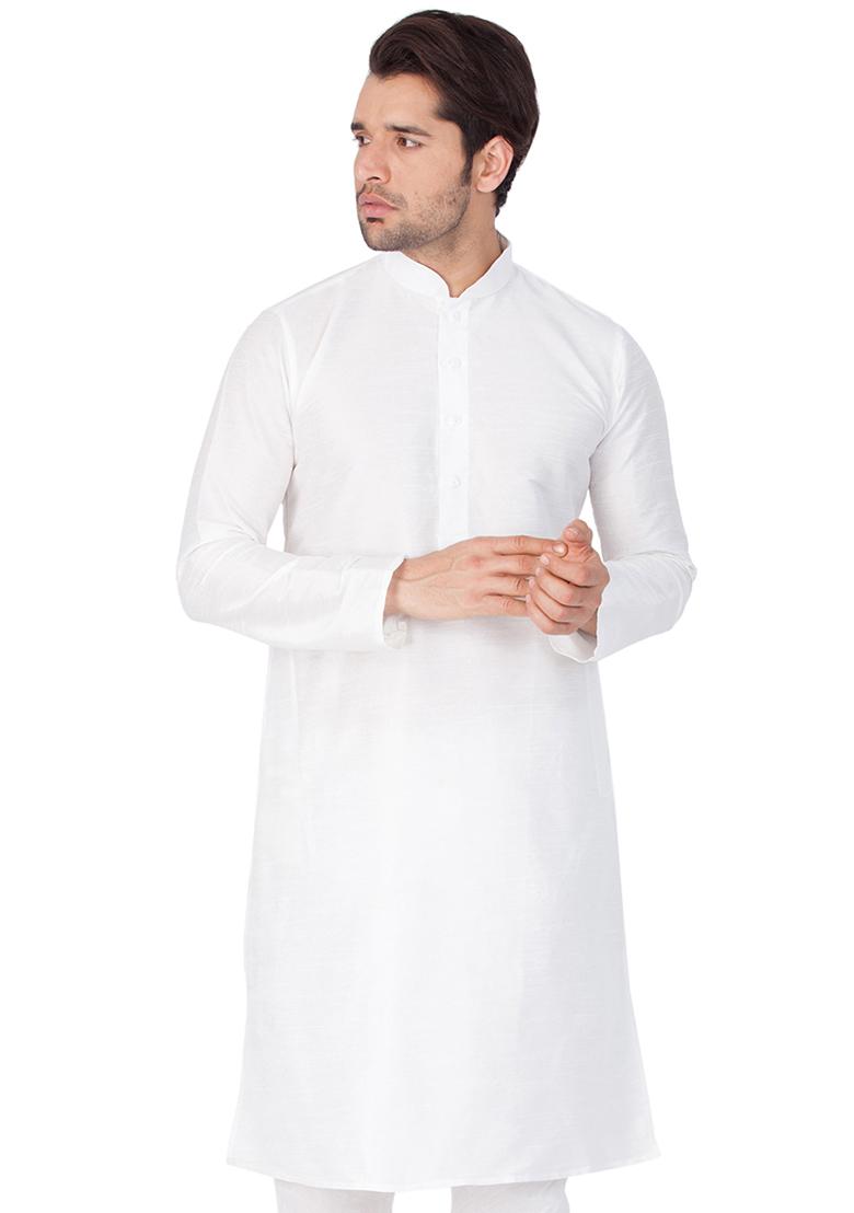 White Solid Art Silk Kurta Pyjama Set For Men