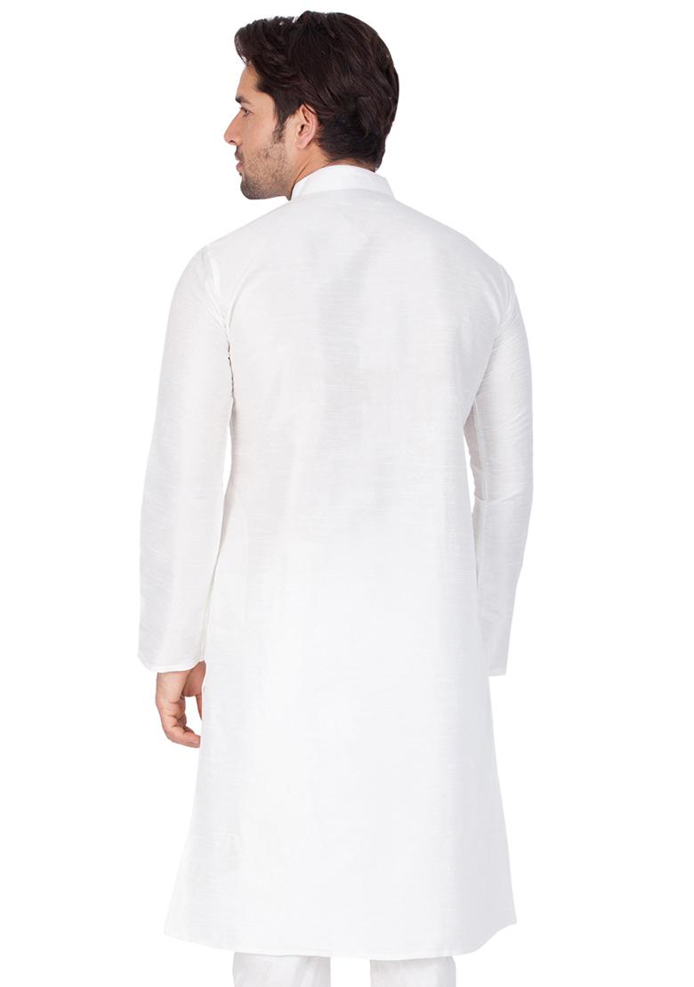 White Solid Art Silk Kurta Pyjama Set For Men