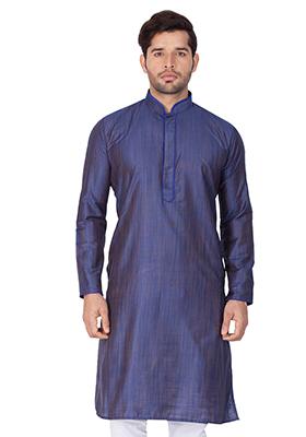 Navy Blue Solid Cotton Silk Kurta Pyjama Set For Men