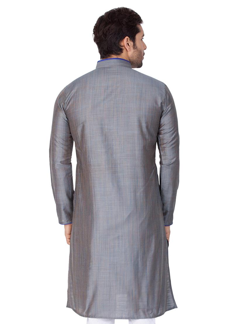 Grey Solid Cotton Silk Kurta Pyjama Set For Men
