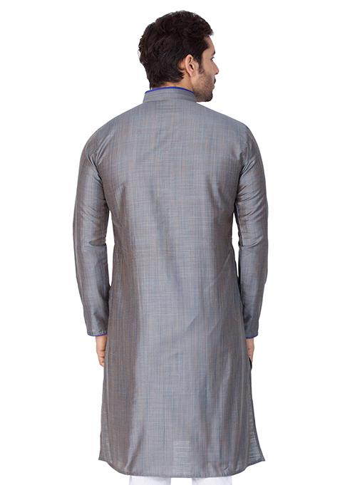 Grey Solid Cotton Silk Kurta Pyjama Set For Men