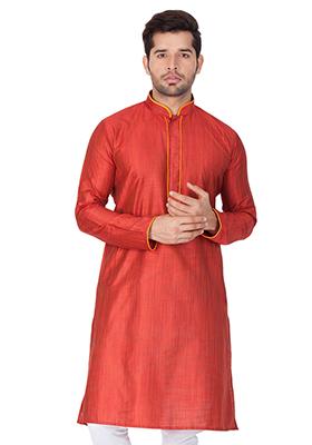 Red Solid Cotton Silk Kurta Pyjama Set For Men