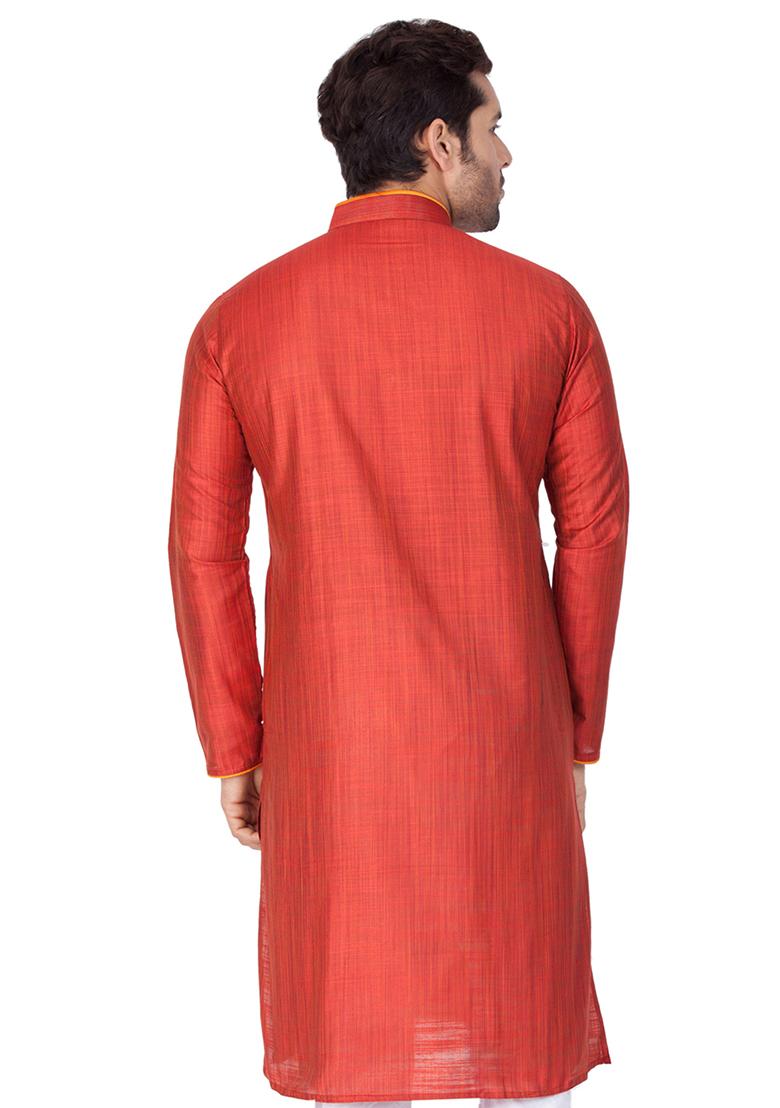 Red Solid Cotton Silk Kurta Pyjama Set For Men