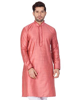 Pink Solid Cotton Silk Kurta Pyjama Set For Men