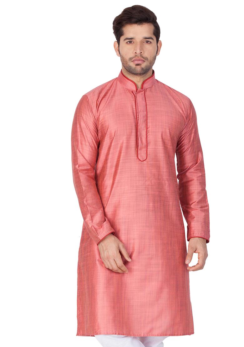 Pink Solid Cotton Silk Kurta Pyjama Set For Men
