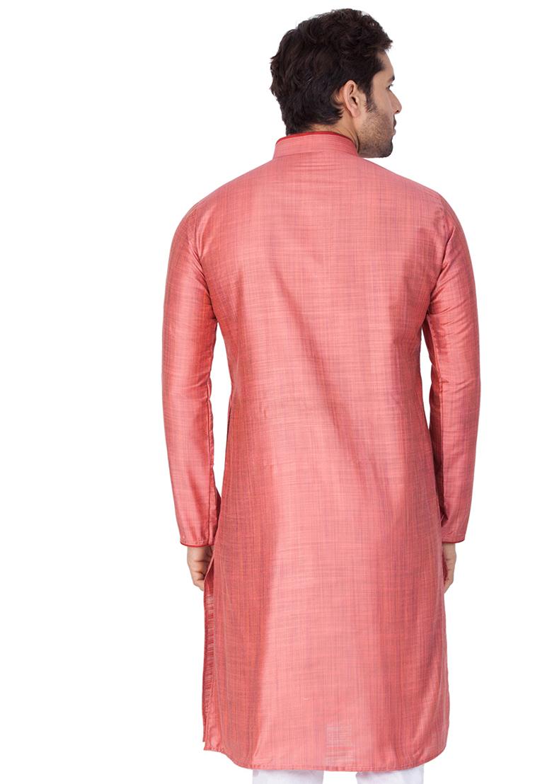 Pink Solid Cotton Silk Kurta Pyjama Set For Men