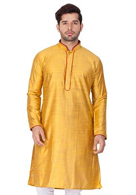 Mustard Yellow Solid Cotton Silk Kurta Pyjama Set For Men