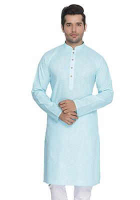 Sky Blue Solid Cotton Kurta Pyjama Set For Men