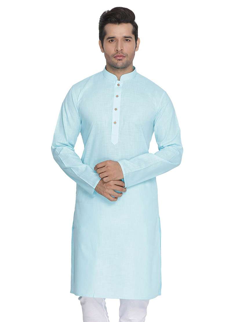 Sky Blue Solid Cotton Kurta Pyjama Set For Men - Indya