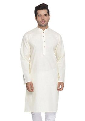 Off White Solid Cotton Kurta Pyjama Set For Men