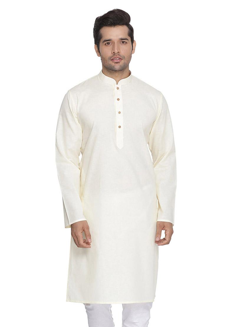 Off White Solid Cotton Kurta Pyjama Set For Men