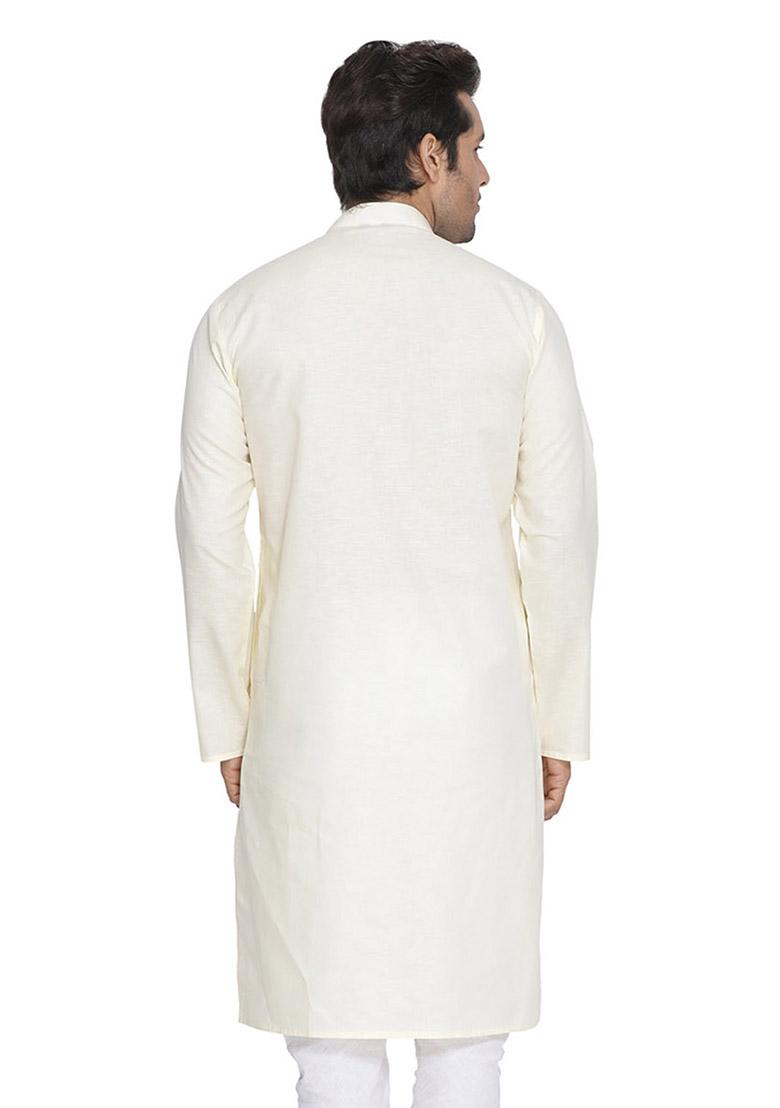Off White Solid Cotton Kurta Pyjama Set For Men